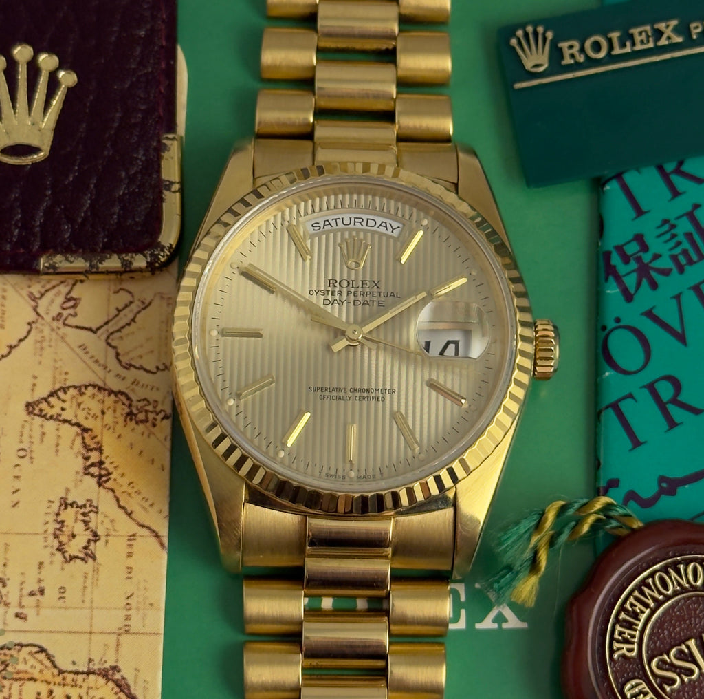 1989 Rolex Day-Date 36 ‘President’ men’s yellow gold watch tapestry dial gold jubilee bracelet, box & booklets
