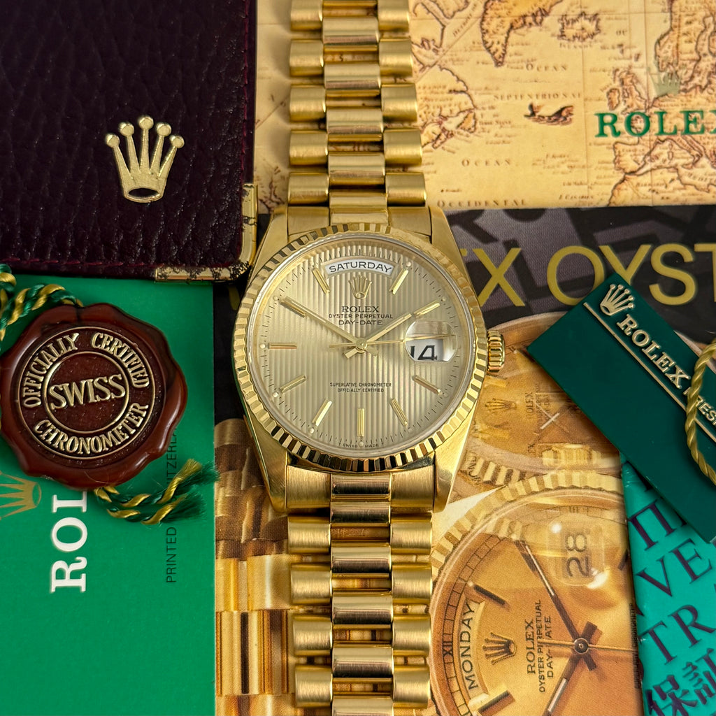 1989 Rolex Day-Date 36 ‘President’ men’s yellow gold watch tapestry dial gold jubilee bracelet, box & booklets
