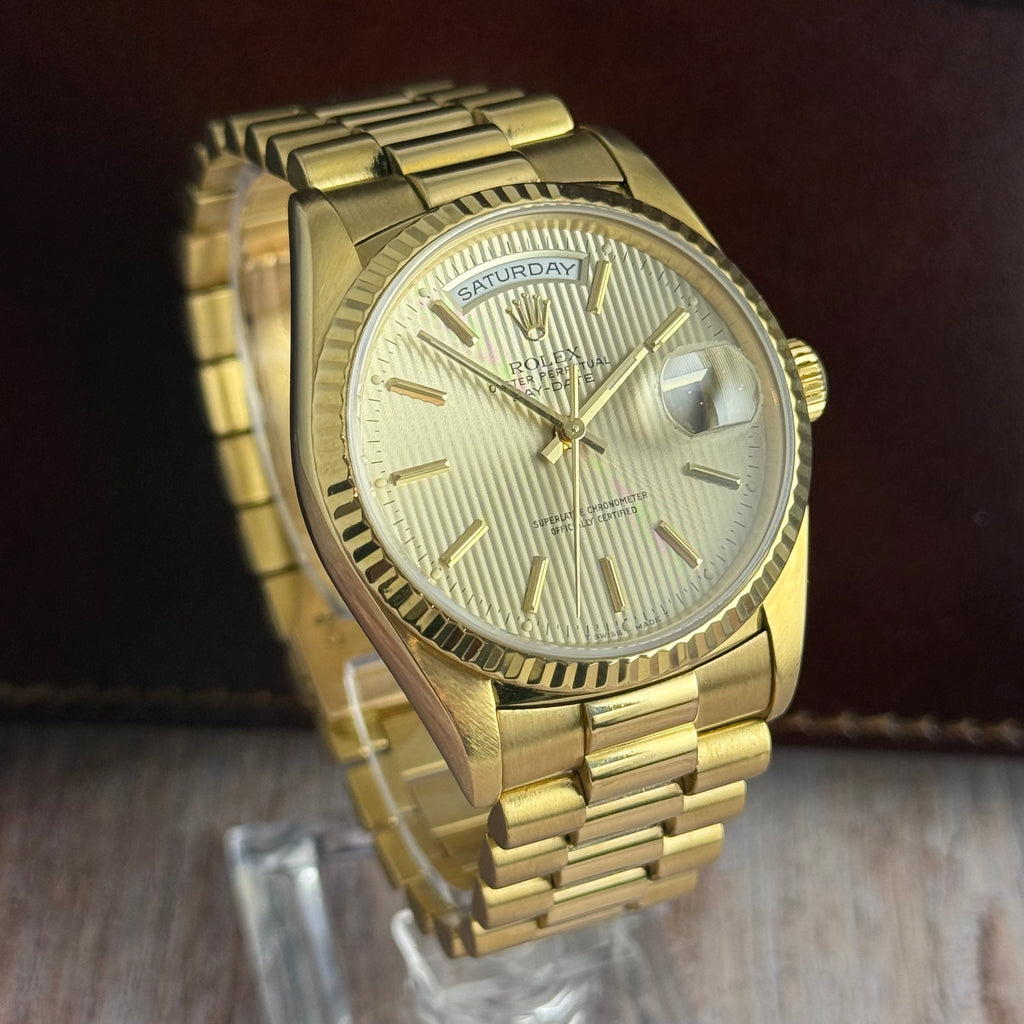 1989 Rolex Day-Date 36 ‘President’ men’s yellow gold watch tapestry dial gold jubilee bracelet, box & booklets