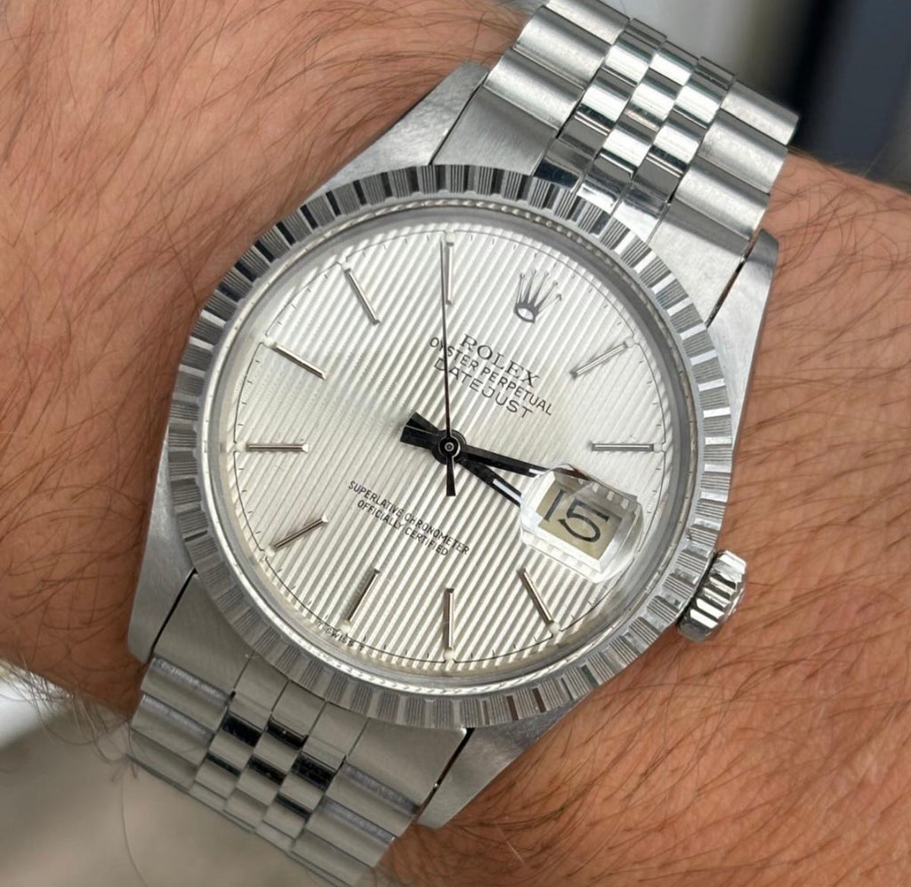 1986 Rolex Datejust 36 silver “tapestry” steel men’s watch boxed MINT CONDITION