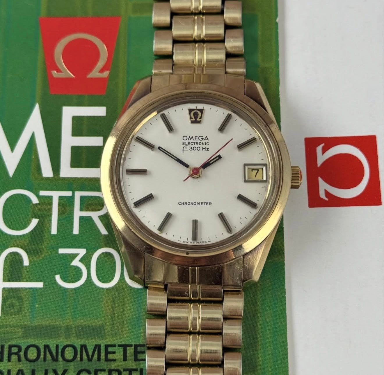 9ct Gold Omega Electronic Men’s Solid Gold Watch 37mm F300Hz Box & Papers